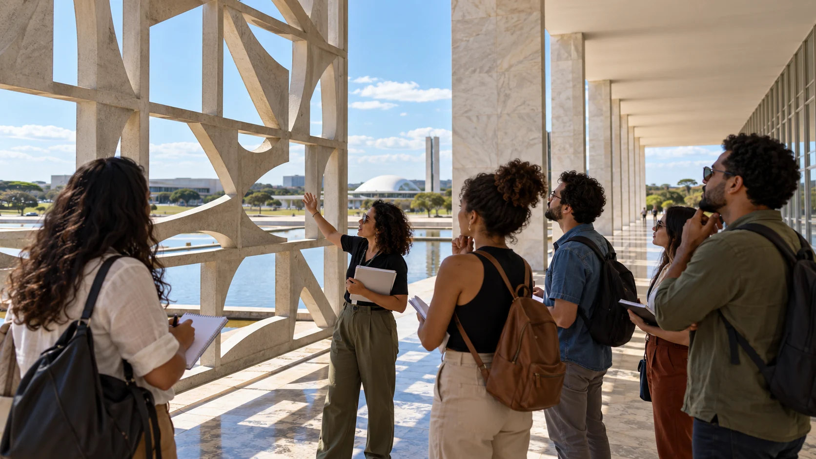 Grupo de adultos observa uma estrutura geométrica em um espaço cívico de Brasília.