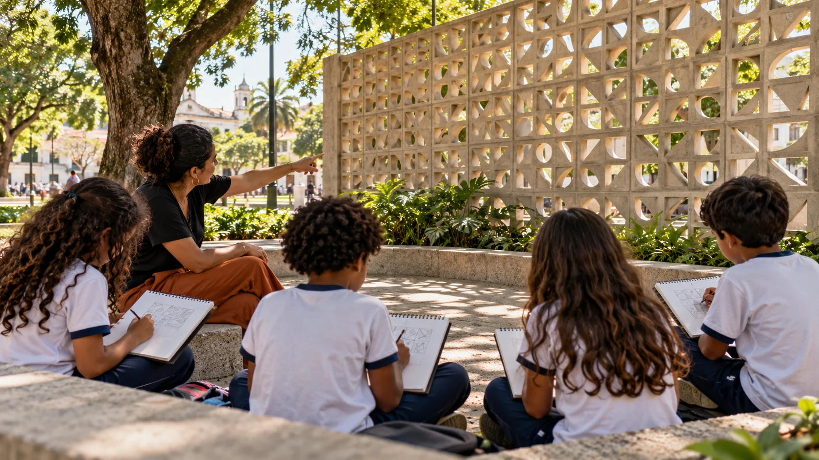 Alunos desenham um painel vazado durante atividade ao ar livre em praça arborizada.