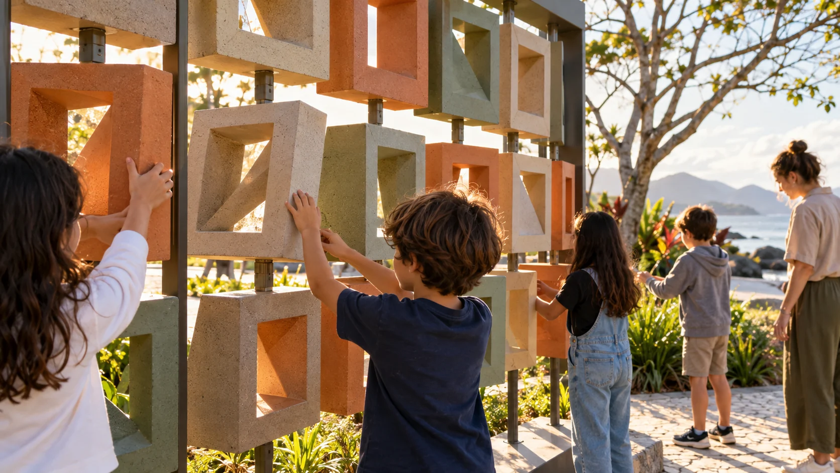 Crianças interagem com módulos vazados e giratórios em uma instalação educativa ao ar livre.
