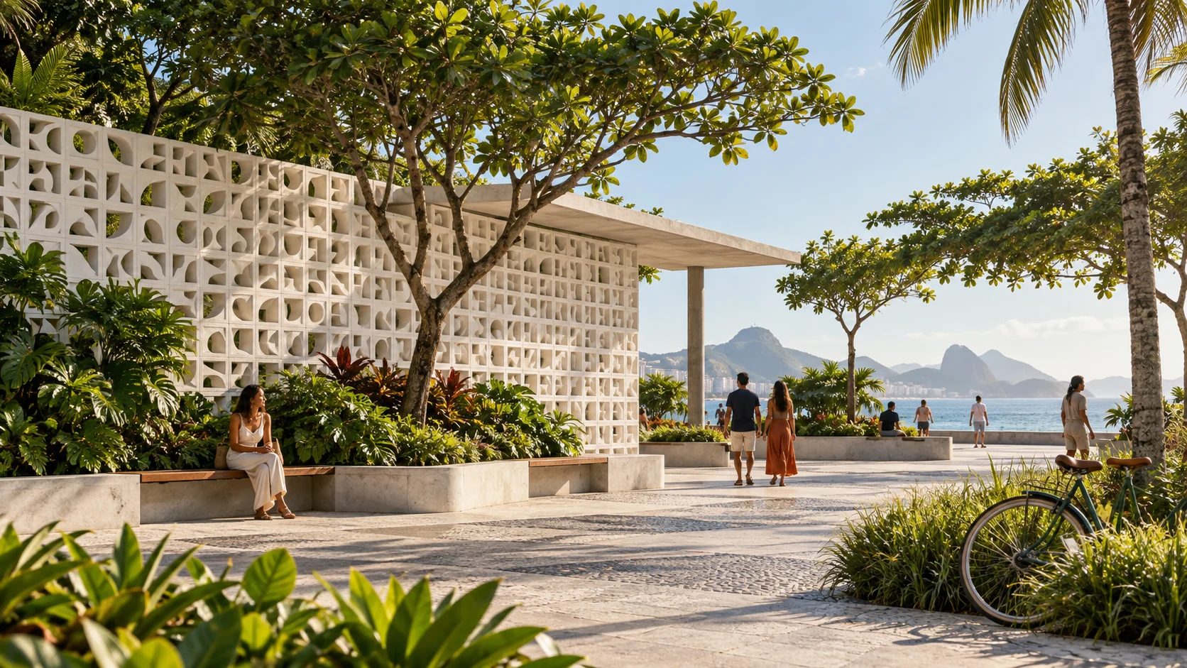 Praça pública litorânea ilustrativa com painel vazado, paisagismo, bancos e pessoas em circulação.