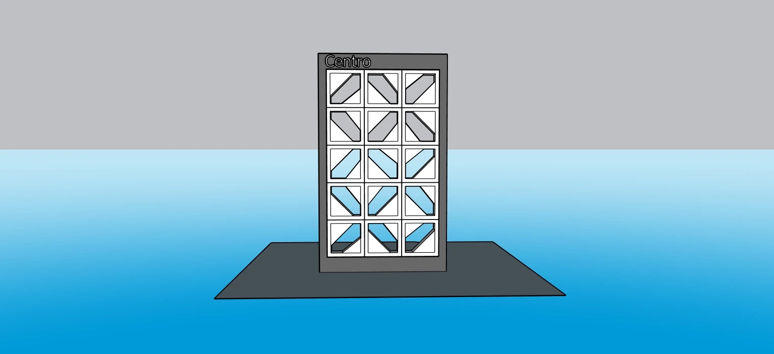 Estudo tridimensional de totem identificado como Centro, com módulos vazados em diferentes rotações.