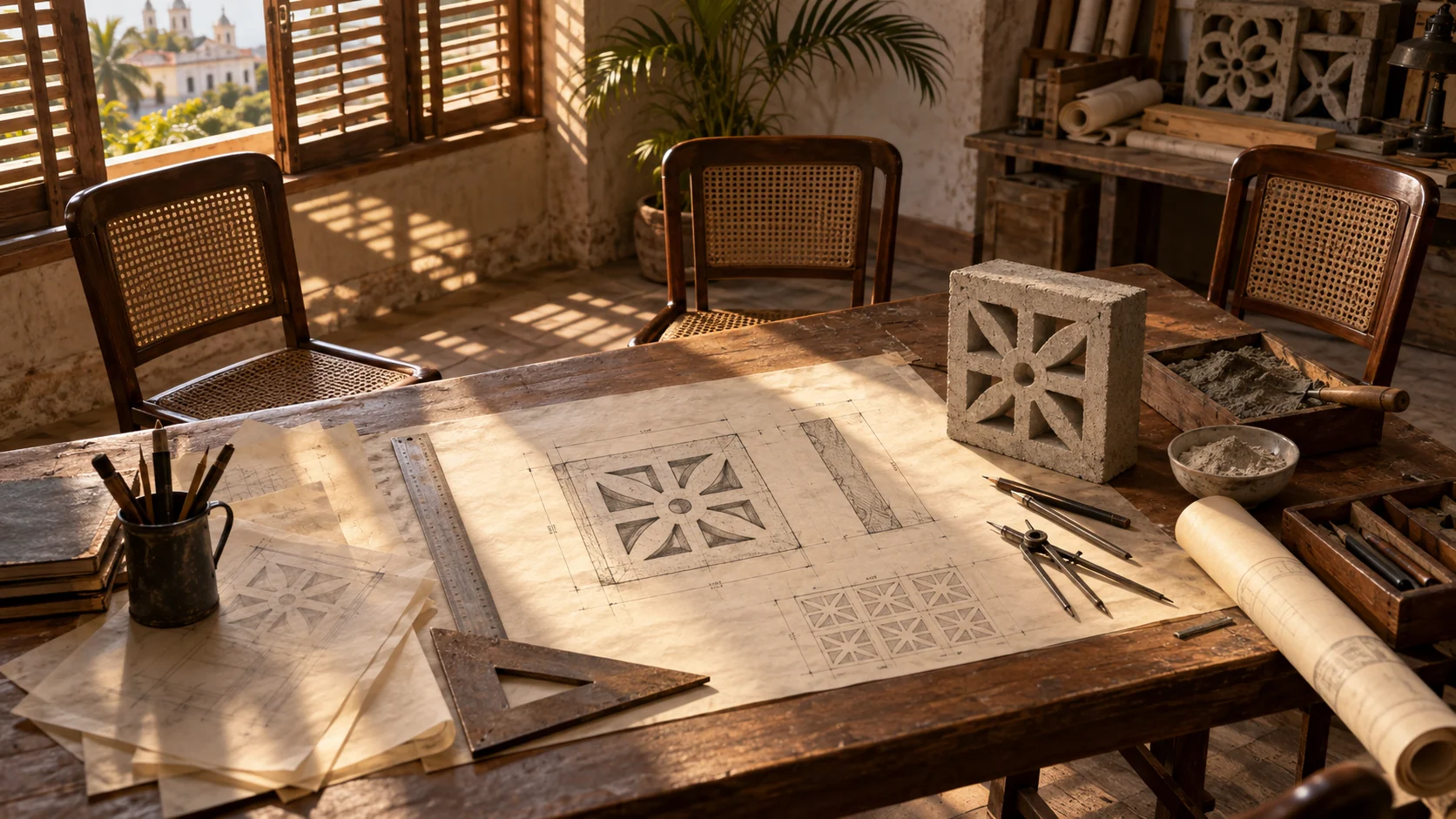 Mesa de criação de época com estudos de elemento vazado, ferramentas de desenho e cadeiras vazias.
