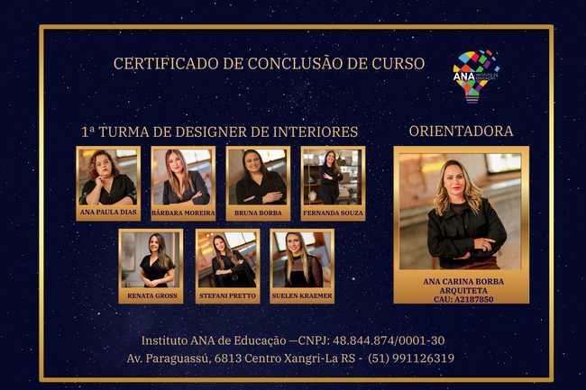 Certificado comemorativo da primeira turma de formandas de Designer de Interiores do Instituto Ana, turma 2026
